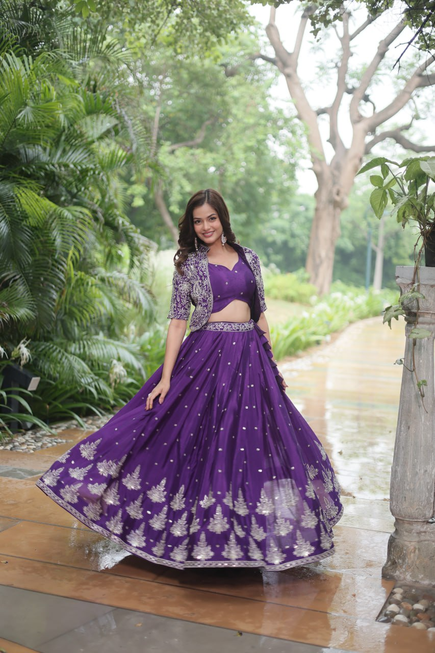 Rich Thread-Sequins Embroidered Koti & Pure Chinon Lehenga
