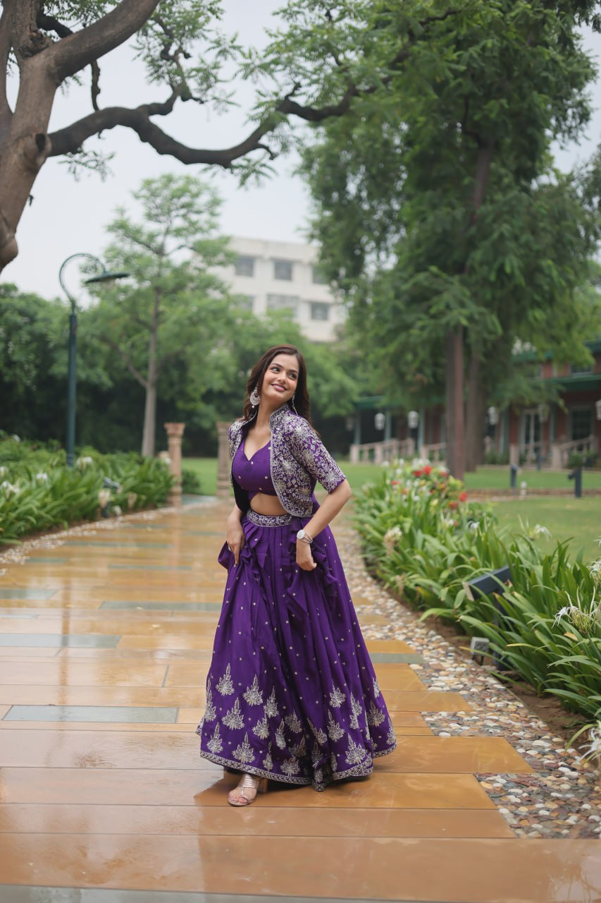 Rich Thread-Sequins Embroidered Koti & Pure Chinon Lehenga