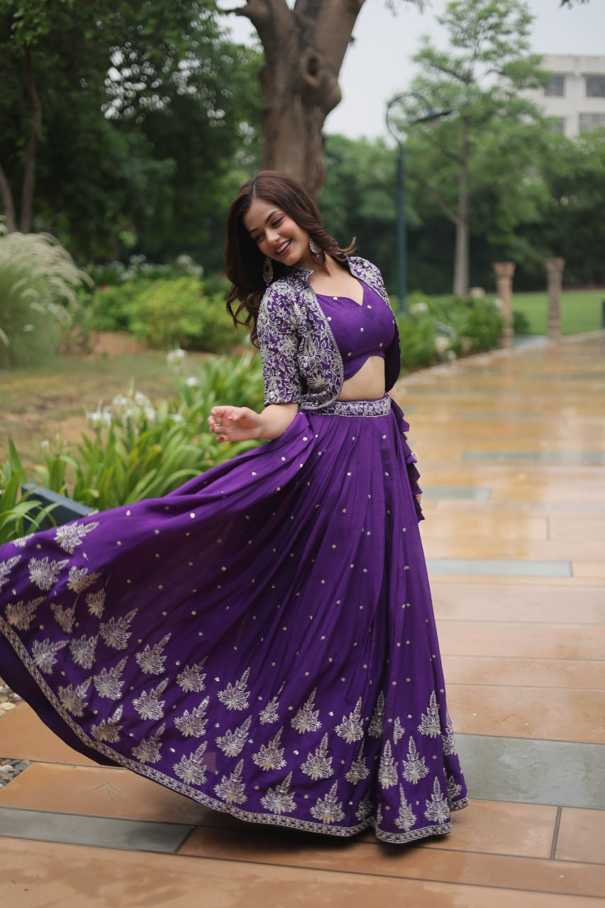 Rich Thread-Sequins Embroidered Koti & Pure Chinon Lehenga