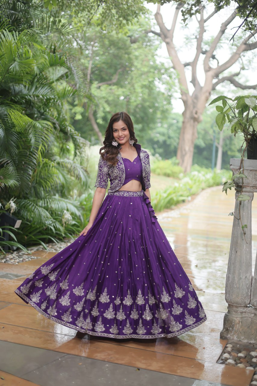 Rich Thread-Sequins Embroidered Koti & Pure Chinon Lehenga