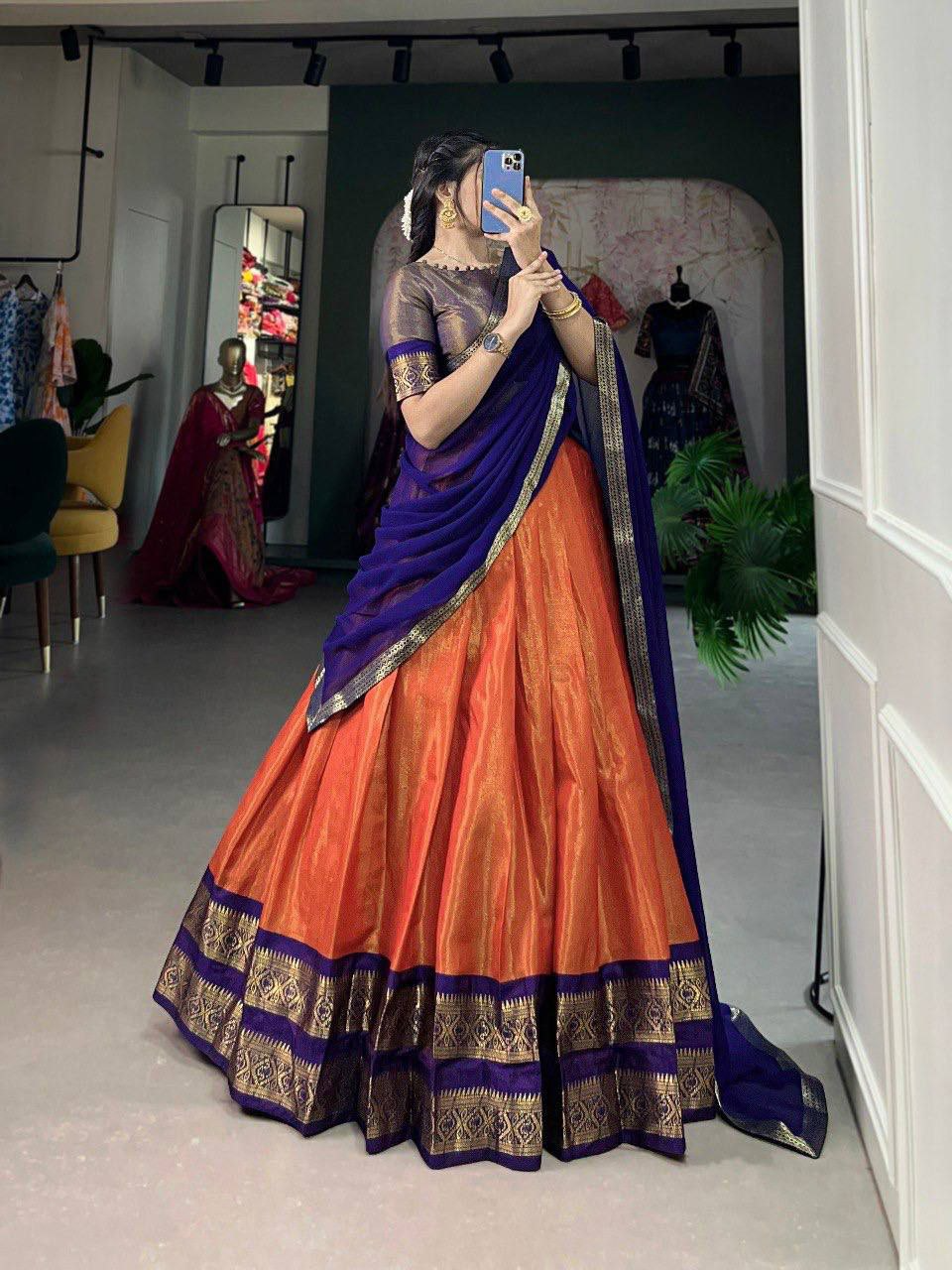 Orange Kanchipuram Weaving Traditional Wear Lehenga Choli