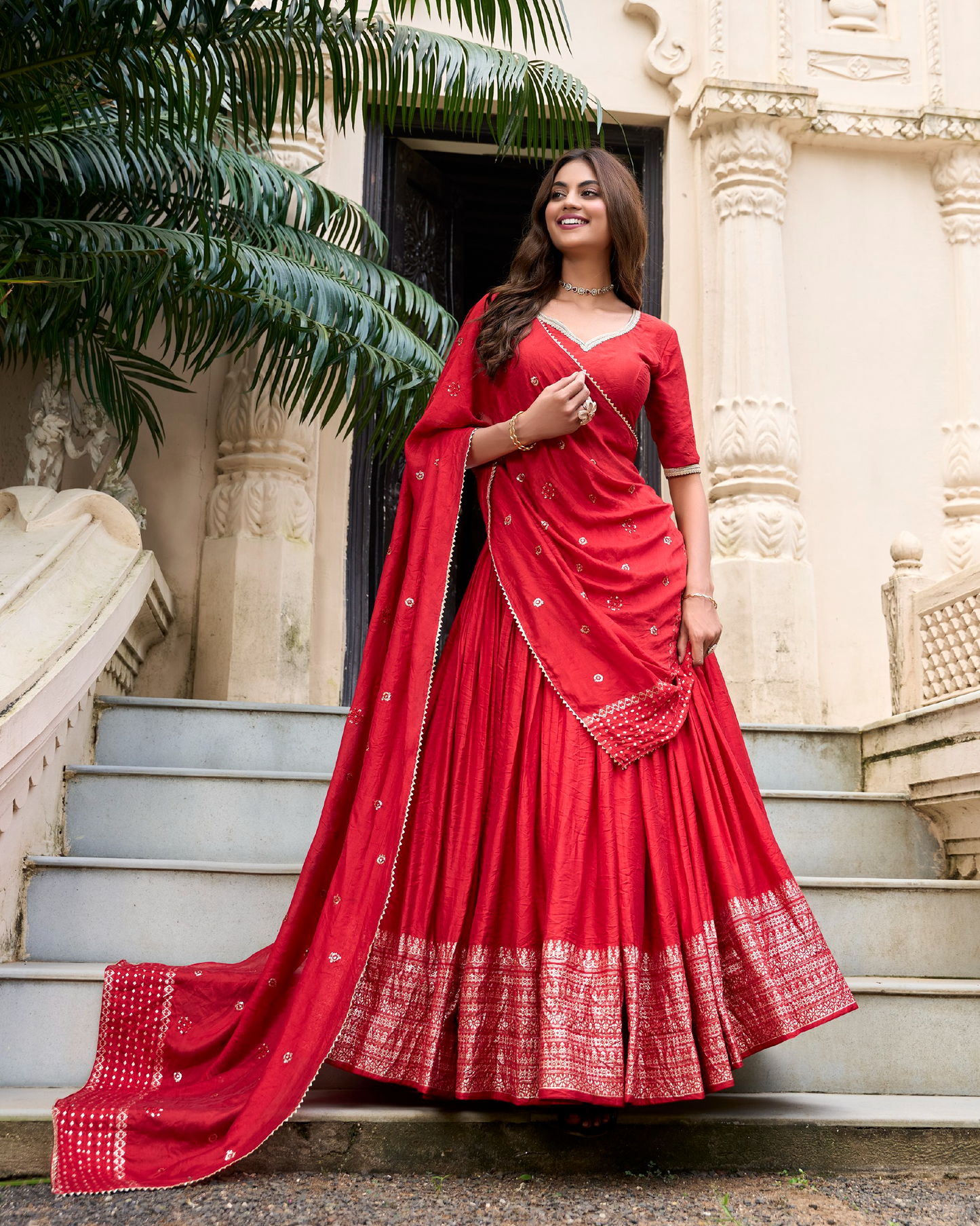 Red Chanderi Weaving Festival Wear Readymade Lehenga Choli
