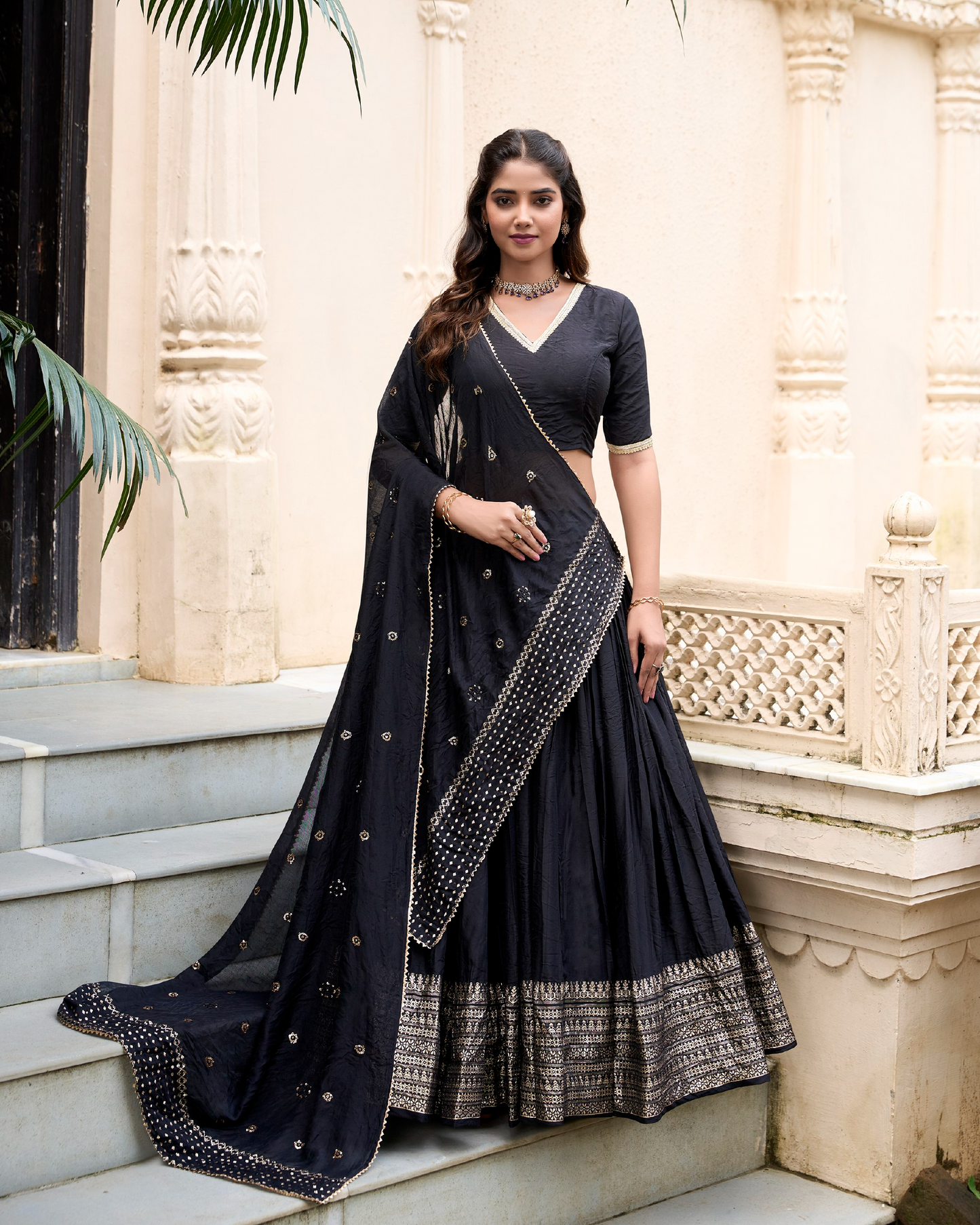Black Chanderi Weaving Festival Wear Readymade Lehenga Choli