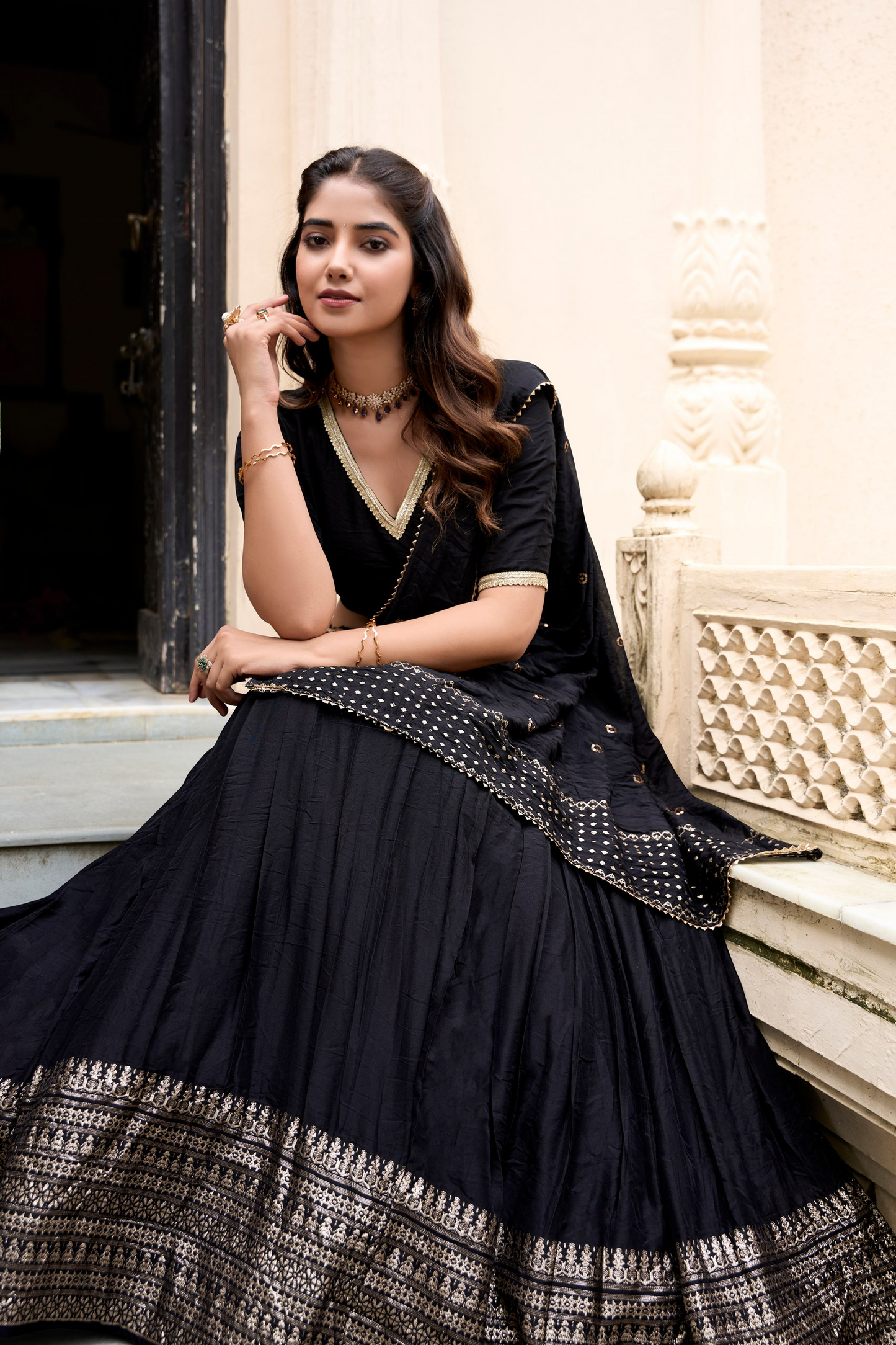 Black Chanderi Weaving Festival Wear Readymade Lehenga Choli