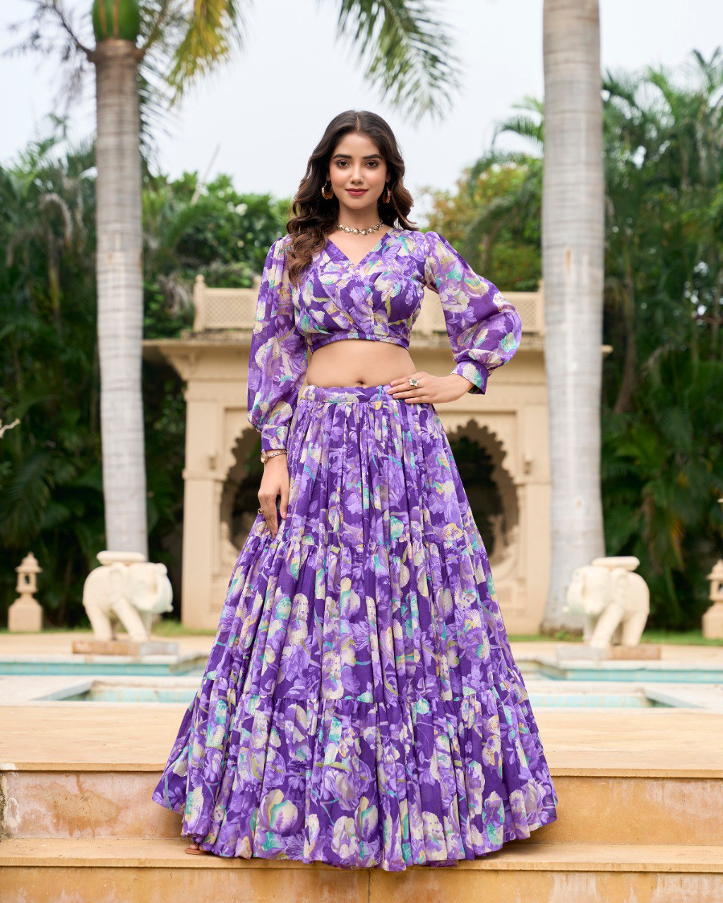 Purple Color Georgette Printed Crop Top Lehenga Choli