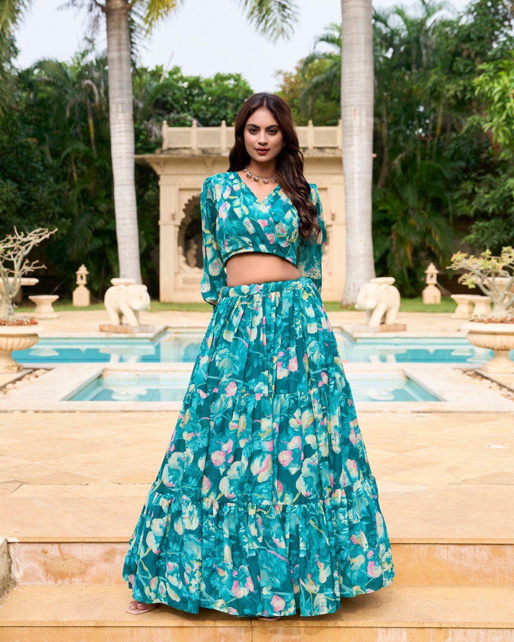 Teal green Color Georgette Printed Crop Top Lehenga Choli
