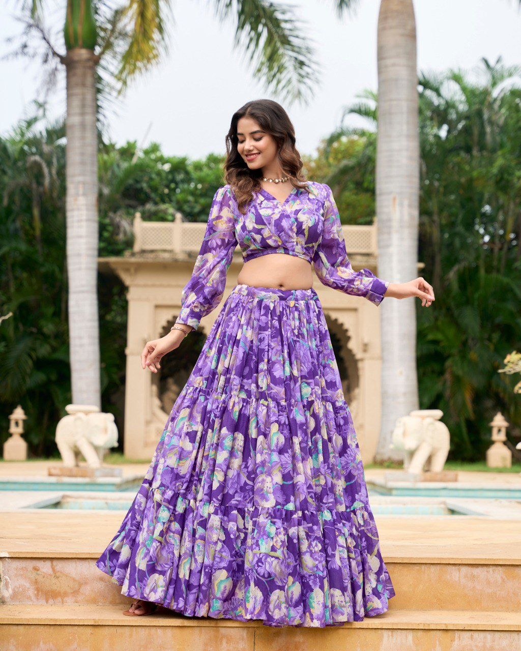 Purple Color Georgette Printed Crop Top Lehenga Choli