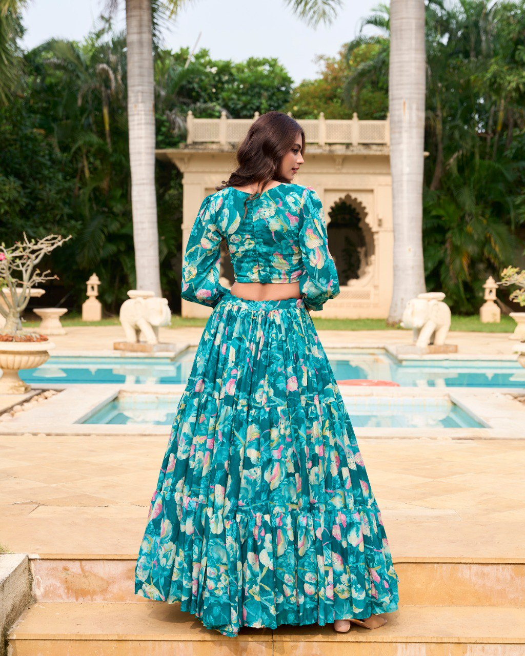 Teal green Color Georgette Printed Crop Top Lehenga Choli