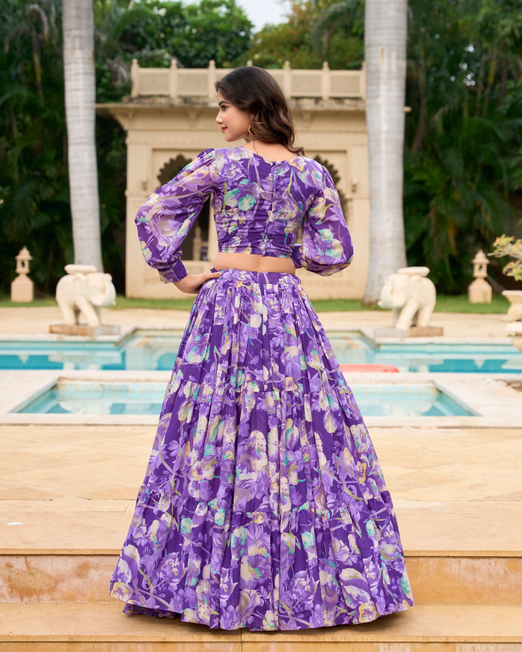 Purple Color Georgette Printed Crop Top Lehenga Choli
