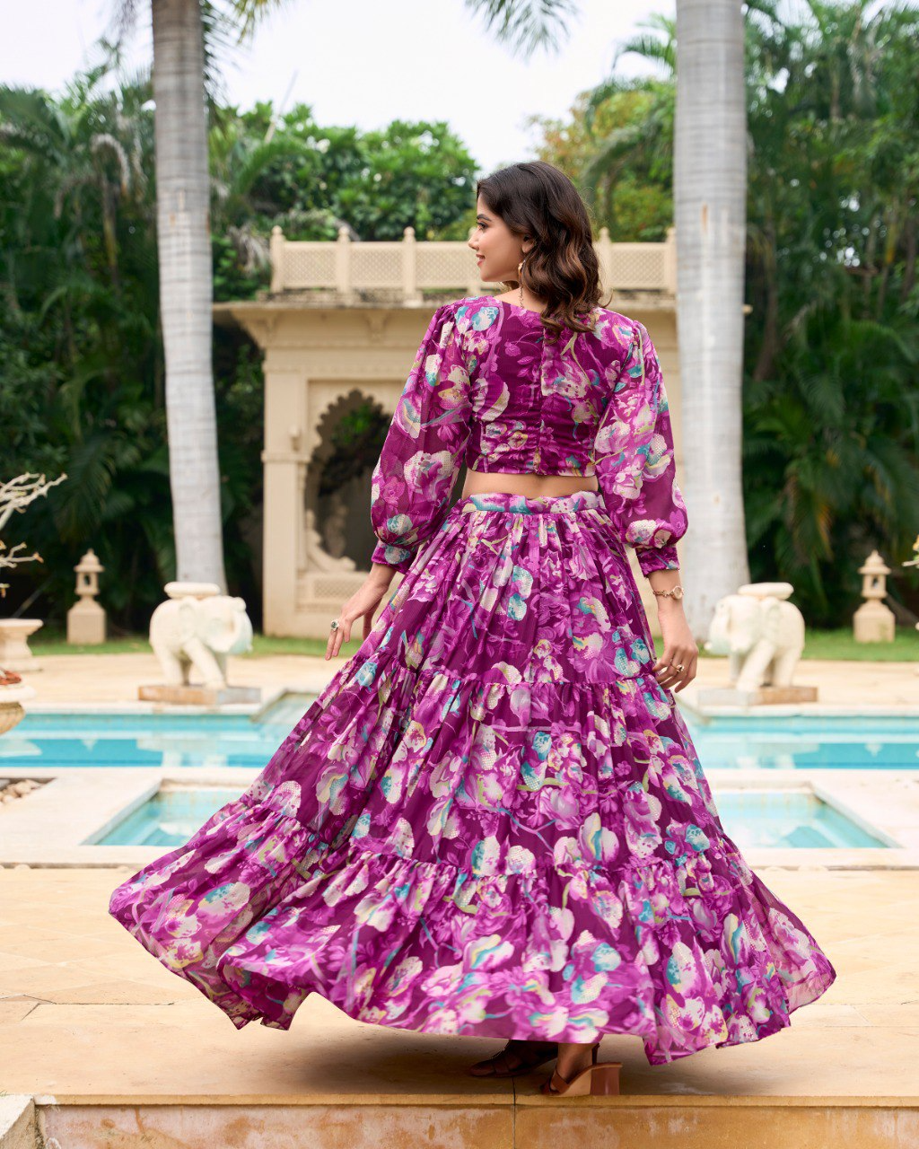 Wine Color Georgette Printed Crop Top Lehenga Choli