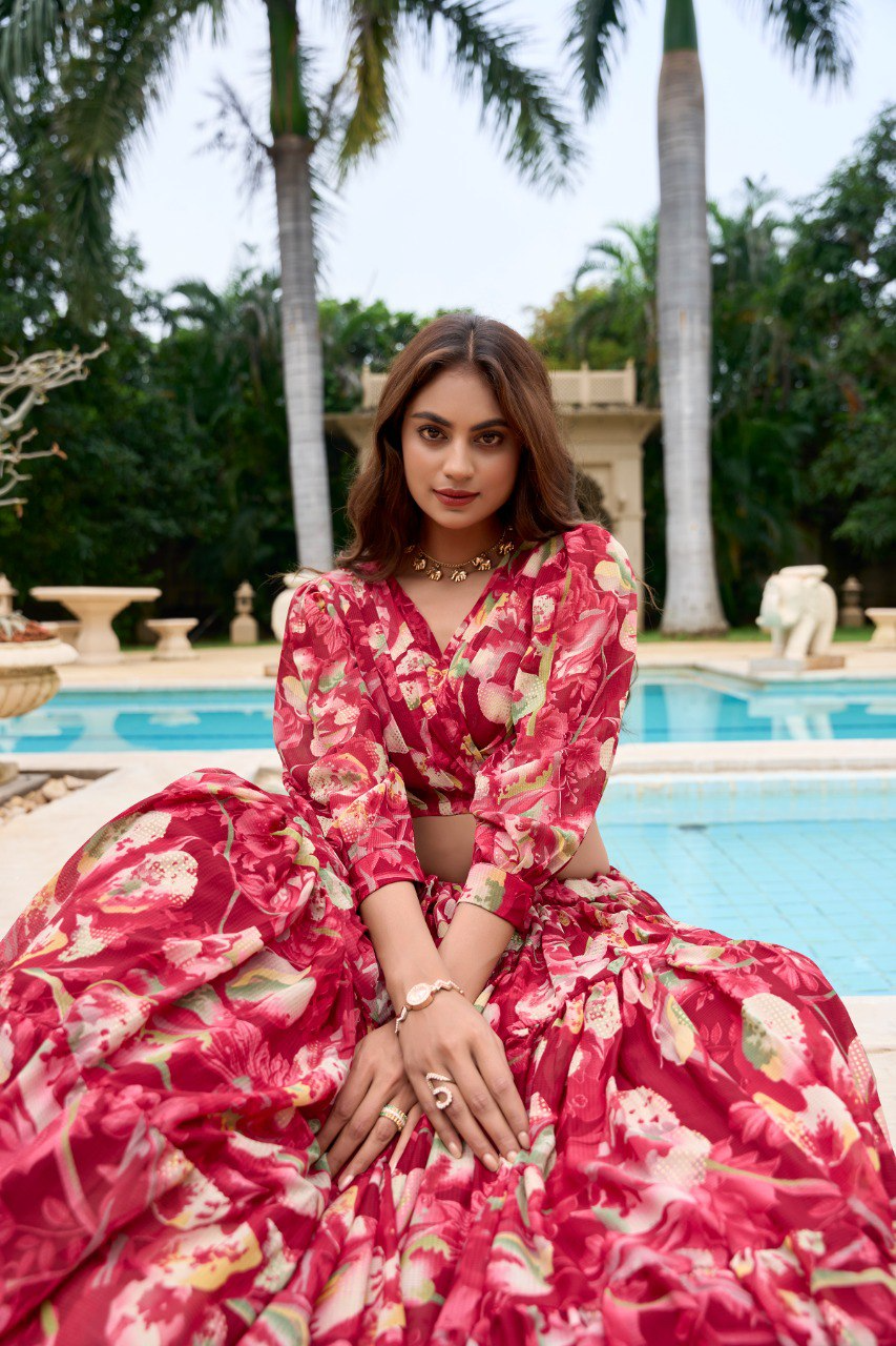 Maroon Color Georgette Printed Crop Top Lehenga Choli