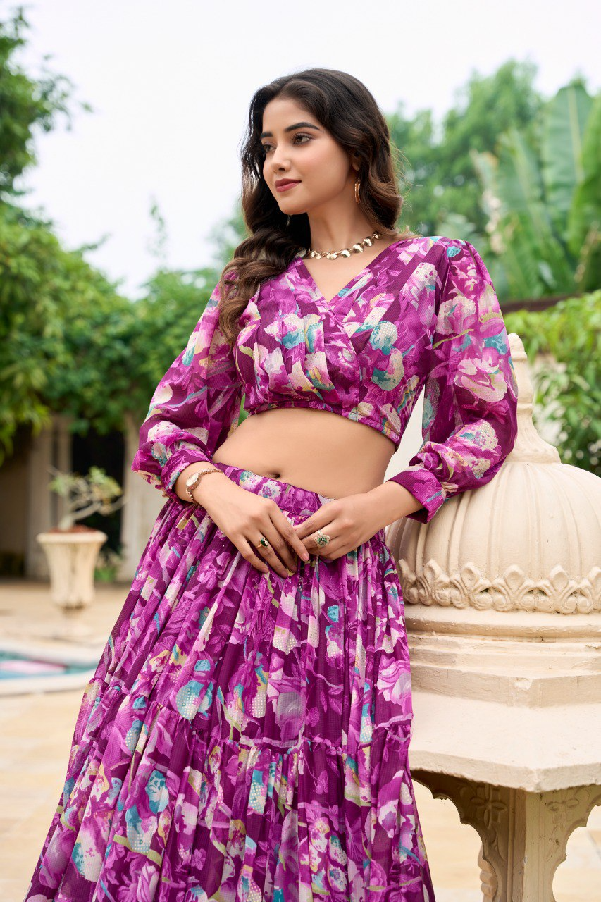 Wine Color Georgette Printed Crop Top Lehenga Choli