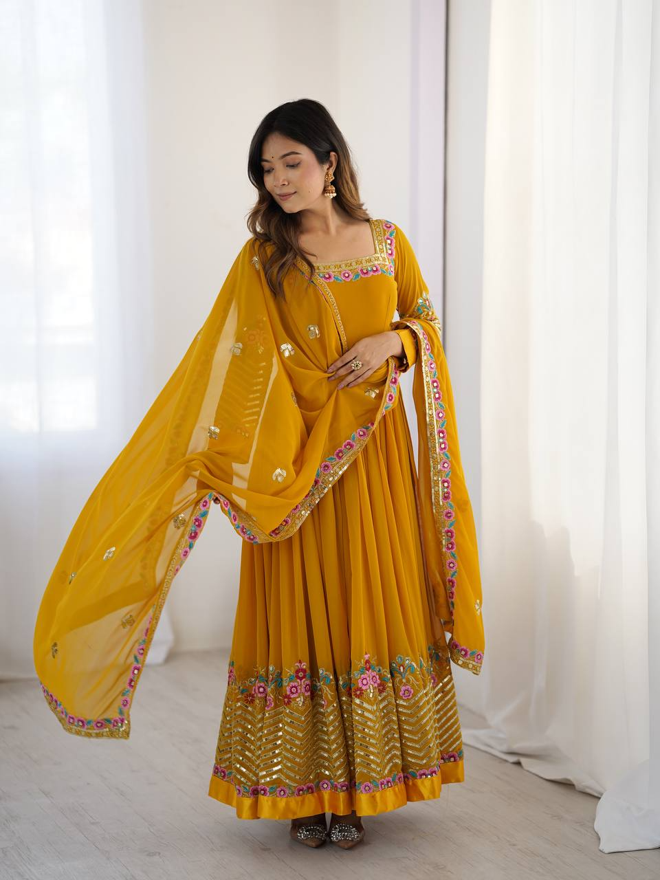 Mustard Georgette Embroidered Sequence Anarkali Suit