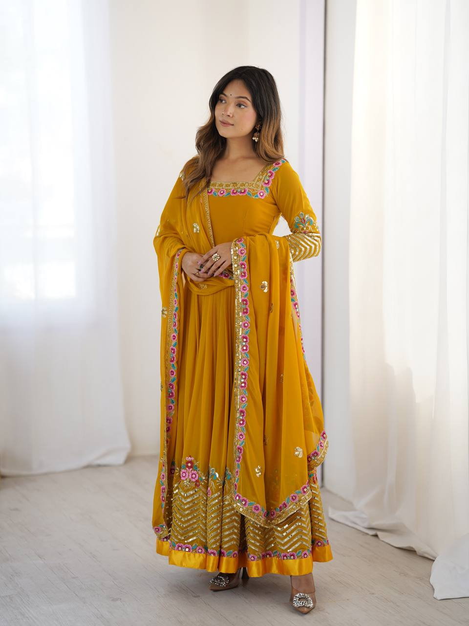 Mustard Georgette Embroidered Sequence Anarkali Suit