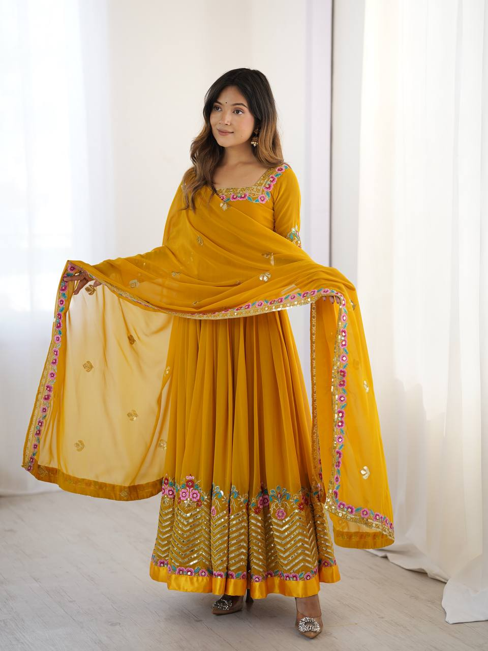 Mustard Georgette Embroidered Sequence Anarkali Suit