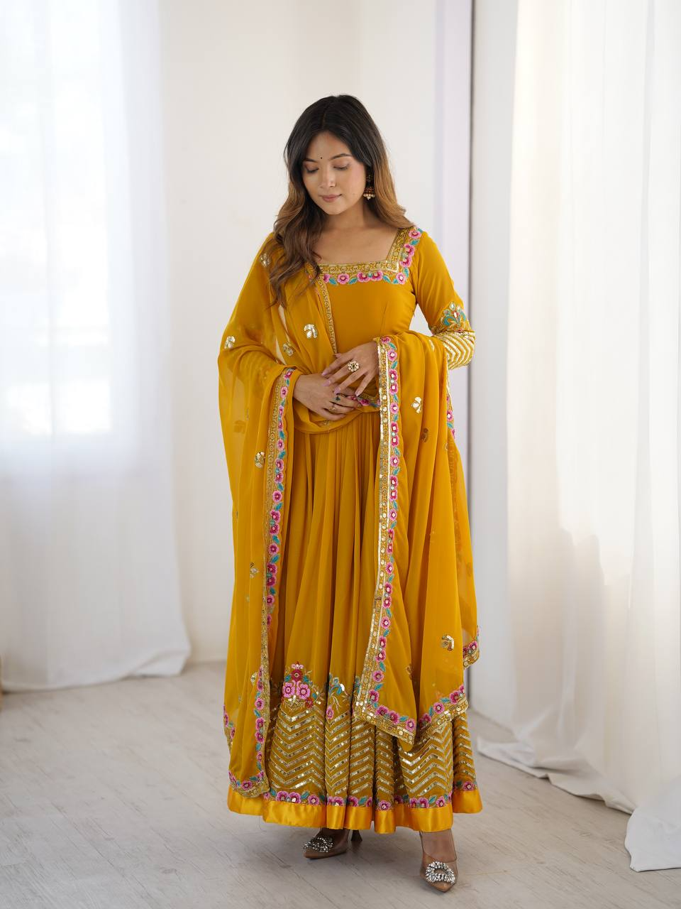 Mustard Georgette Embroidered Sequence Anarkali Suit