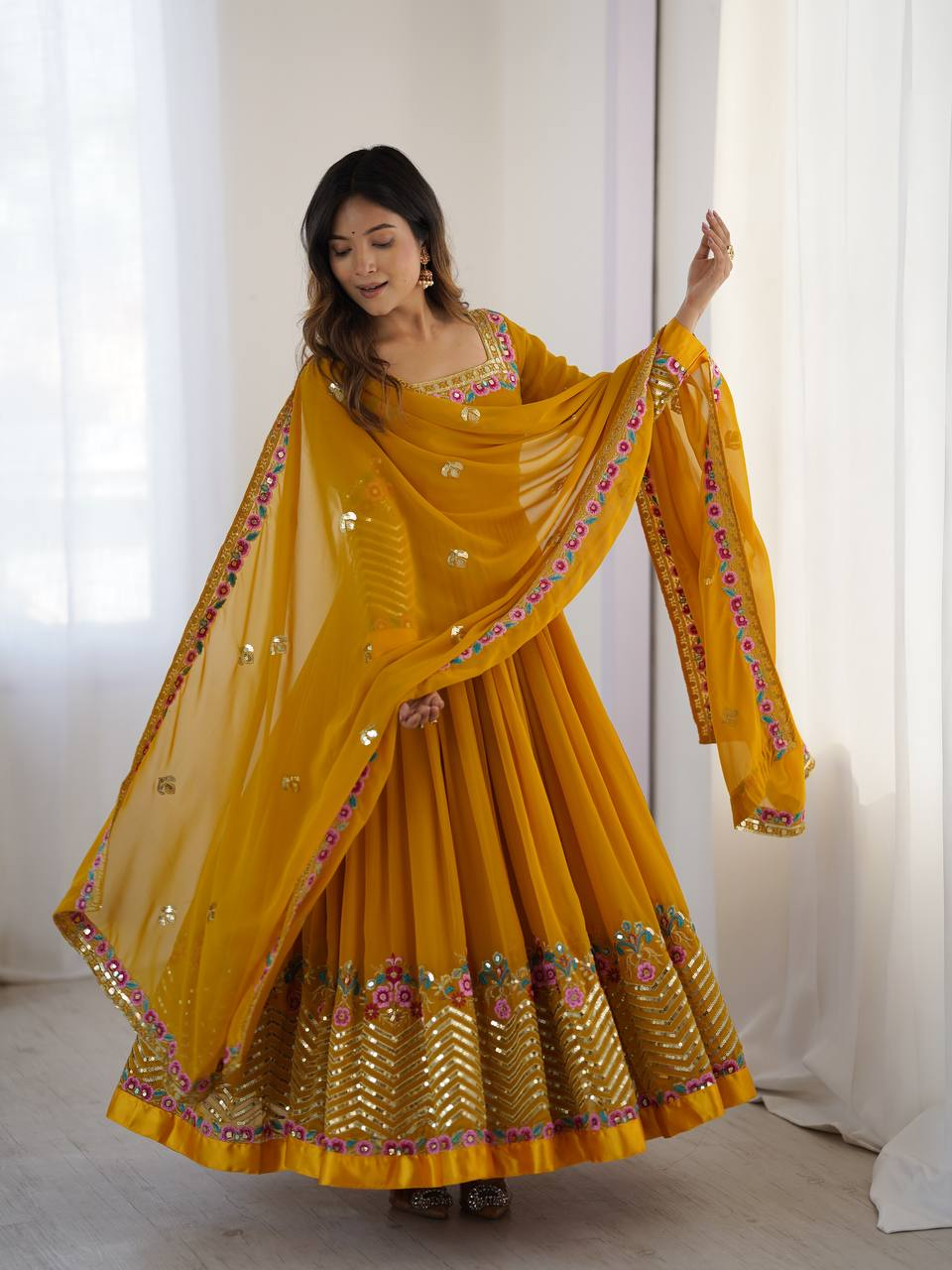 Mustard Georgette Embroidered Sequence Anarkali Suit