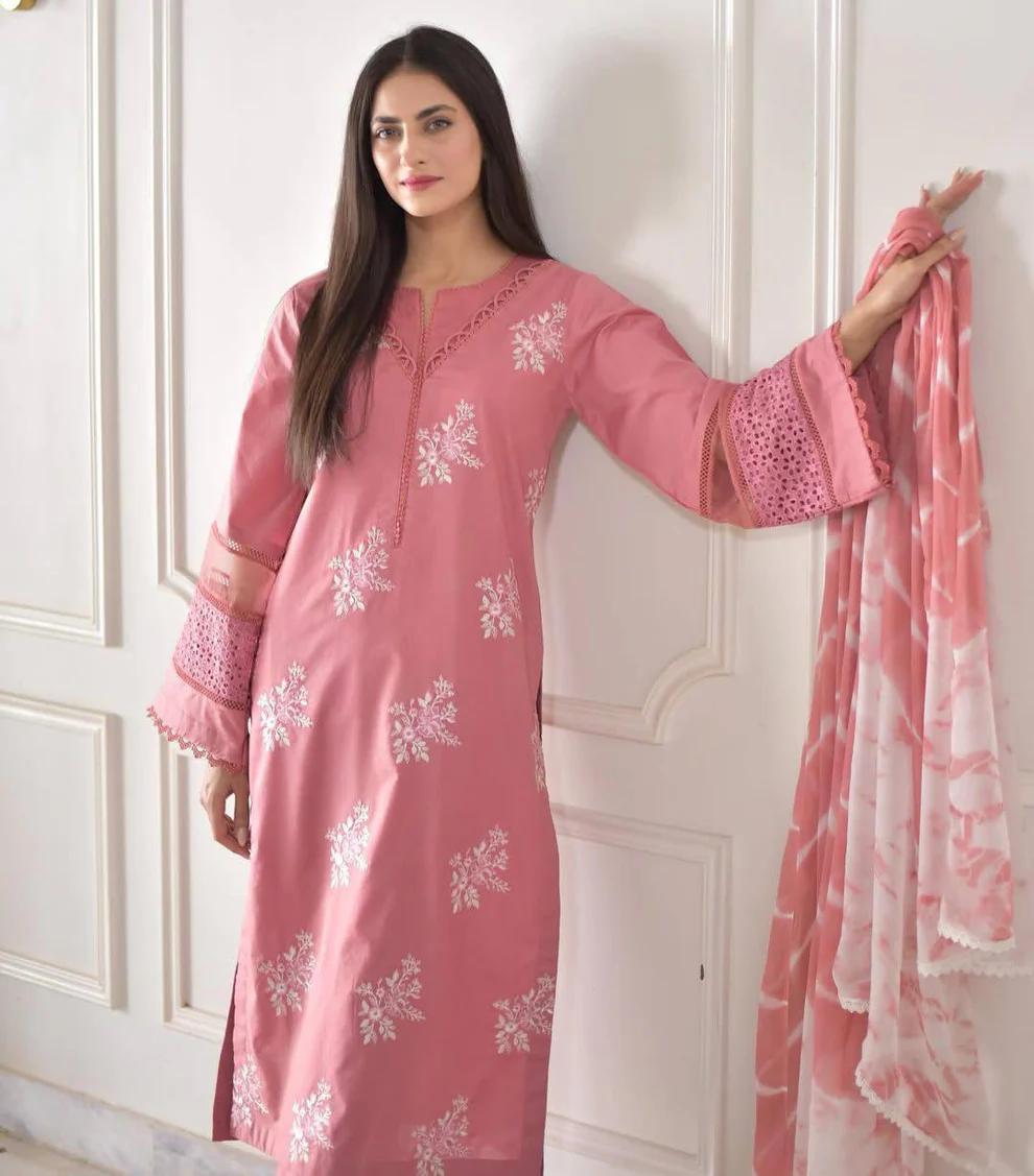 Pink Pastel Roman Silk Embroidered Kurta Pant & Dupatta