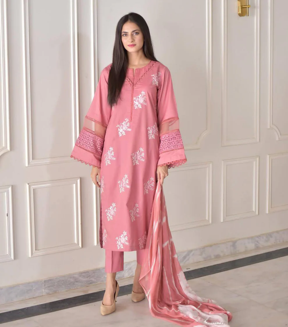 Pink Pastel Roman Silk Embroidered Kurta Pant & Dupatta