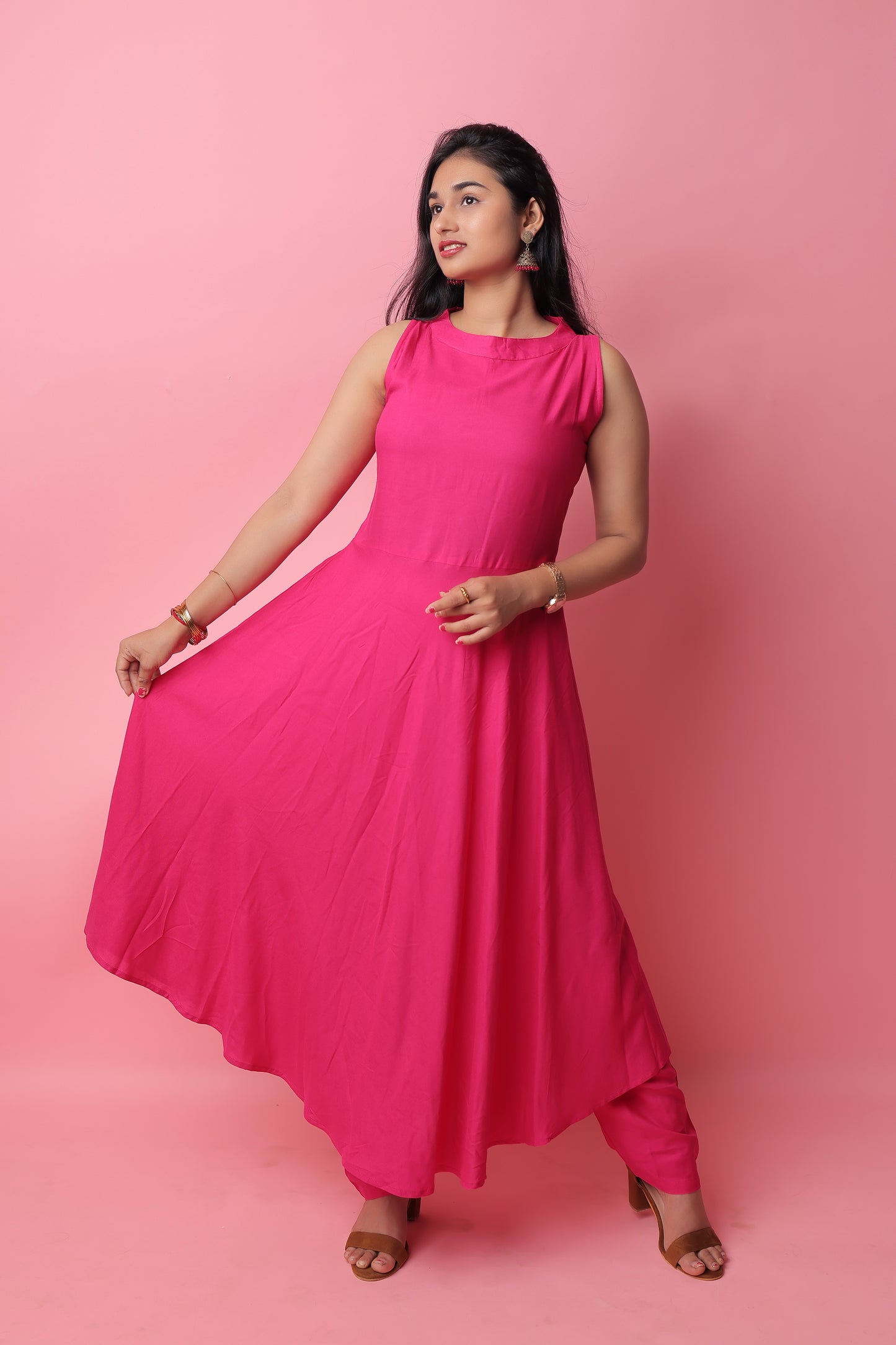 Pink Solid Cotton Rayon Kurta & Pants With Organza Dupatta