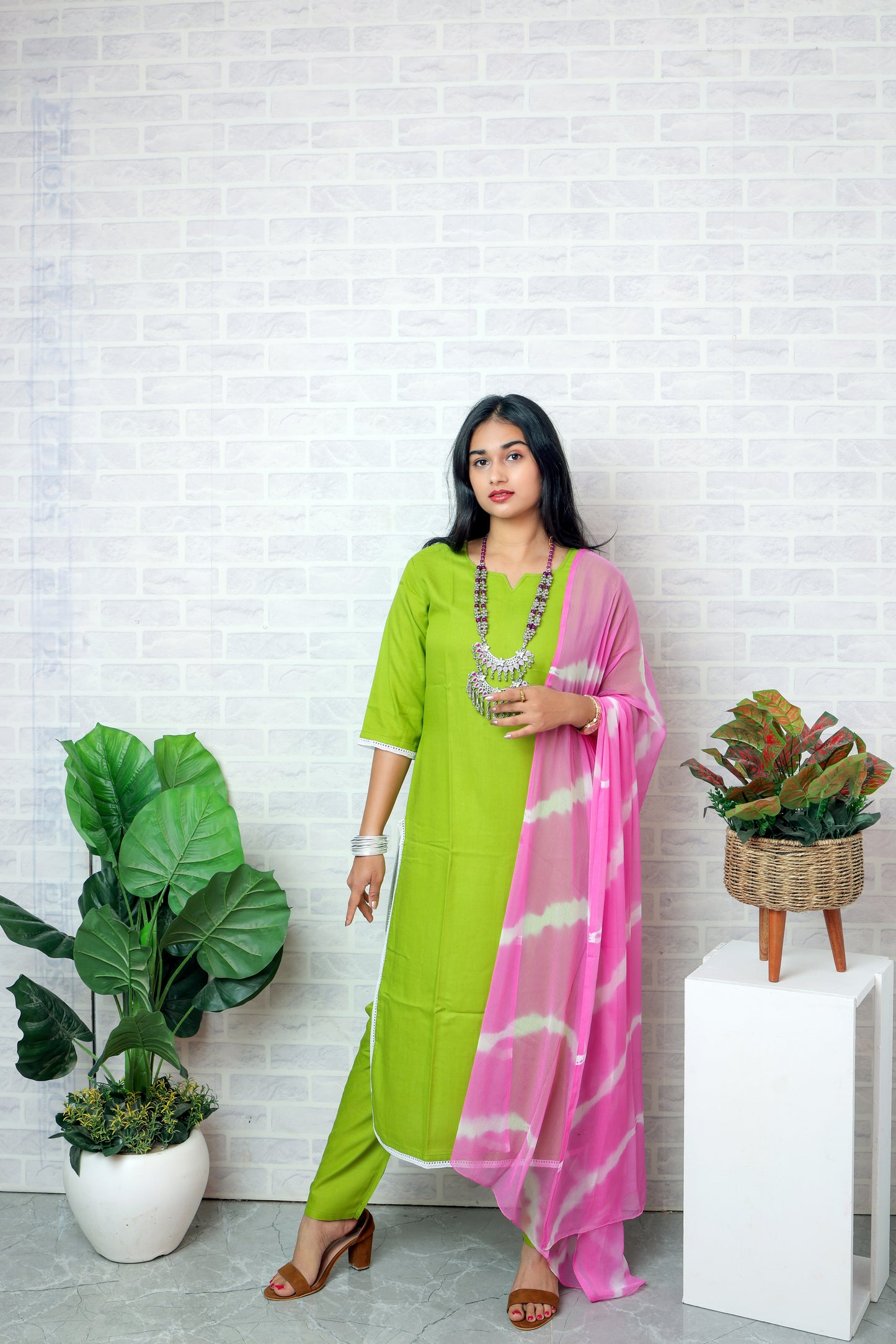 Fluorescent Green Solid Kurta with Trousers & Dupatta