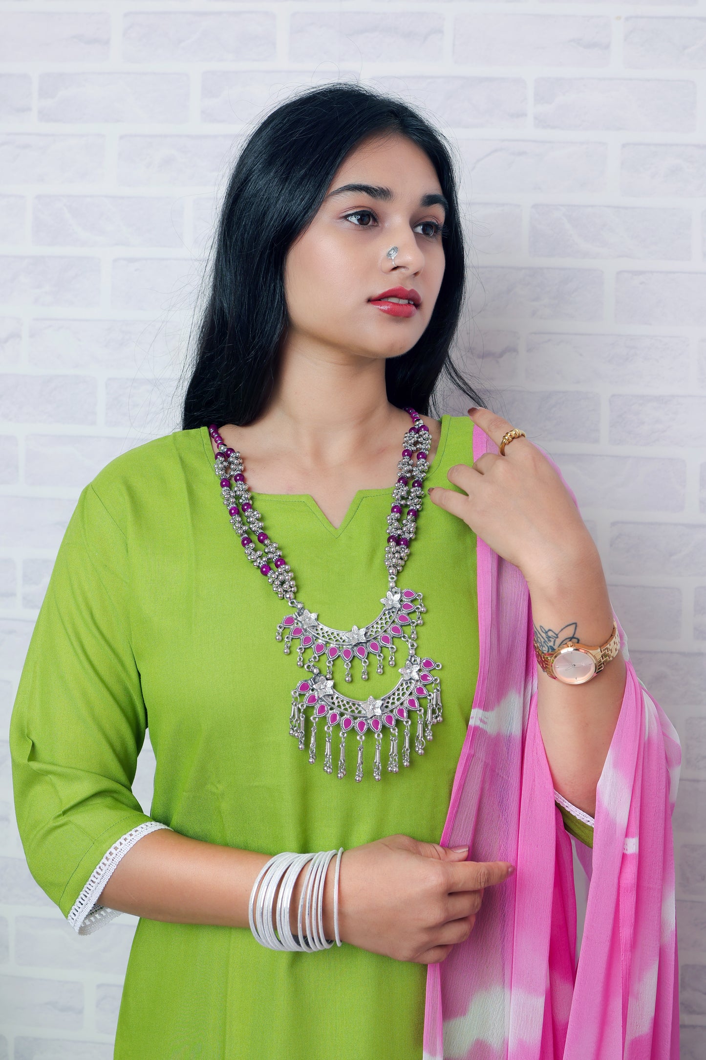 Fluorescent Green Solid Kurta with Trousers & Dupatta