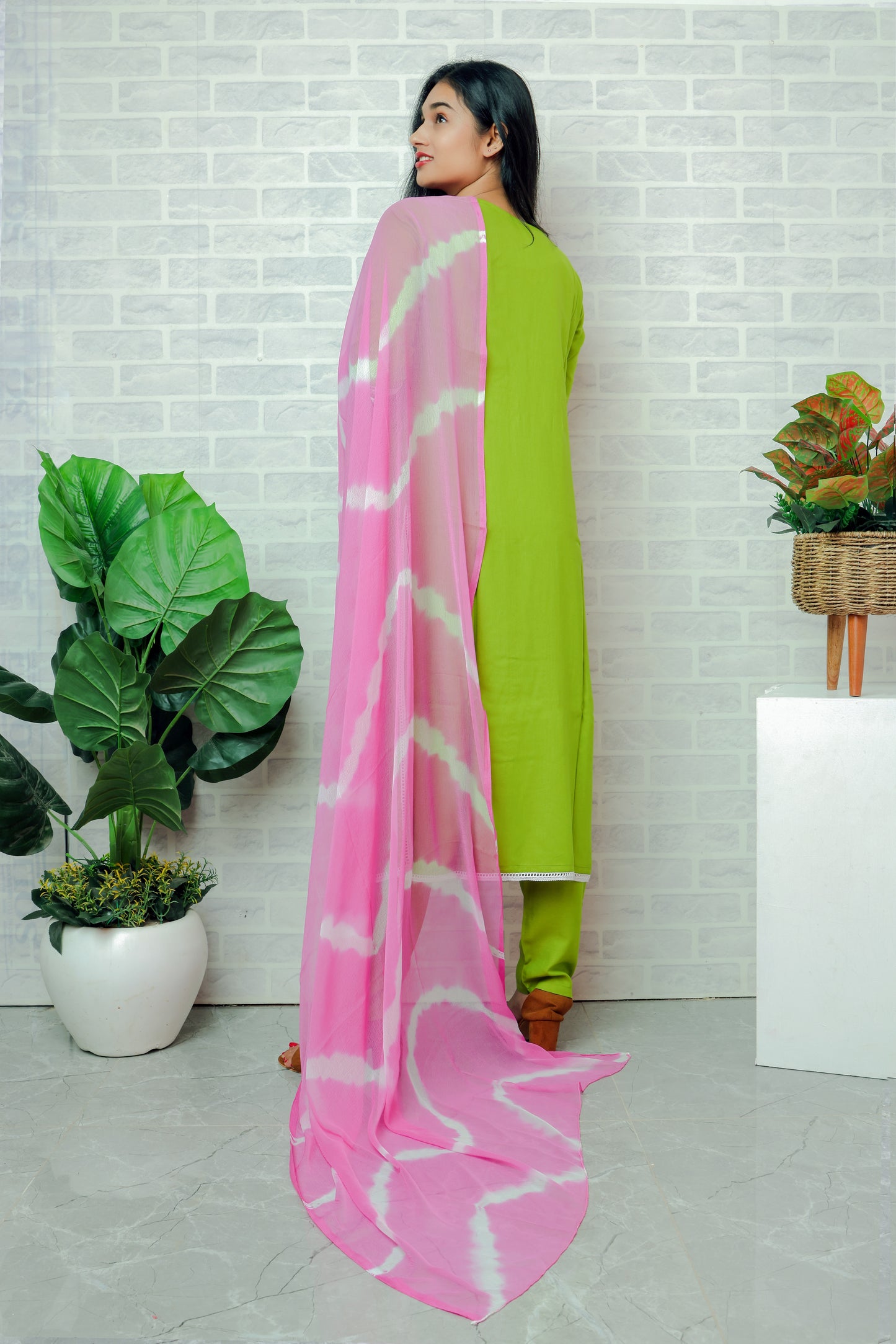 Fluorescent Green Solid Kurta with Trousers & Dupatta