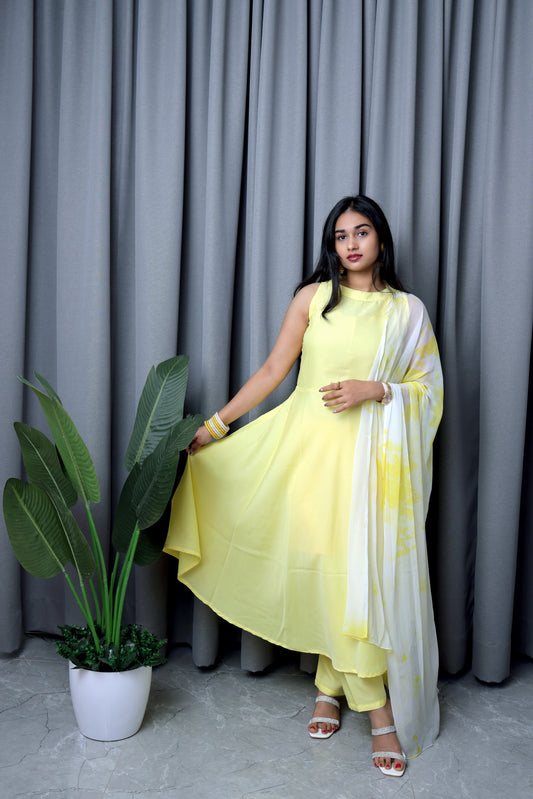 Beautiful Solid Yellow Anarkali Kurta Trousers with Dupatta