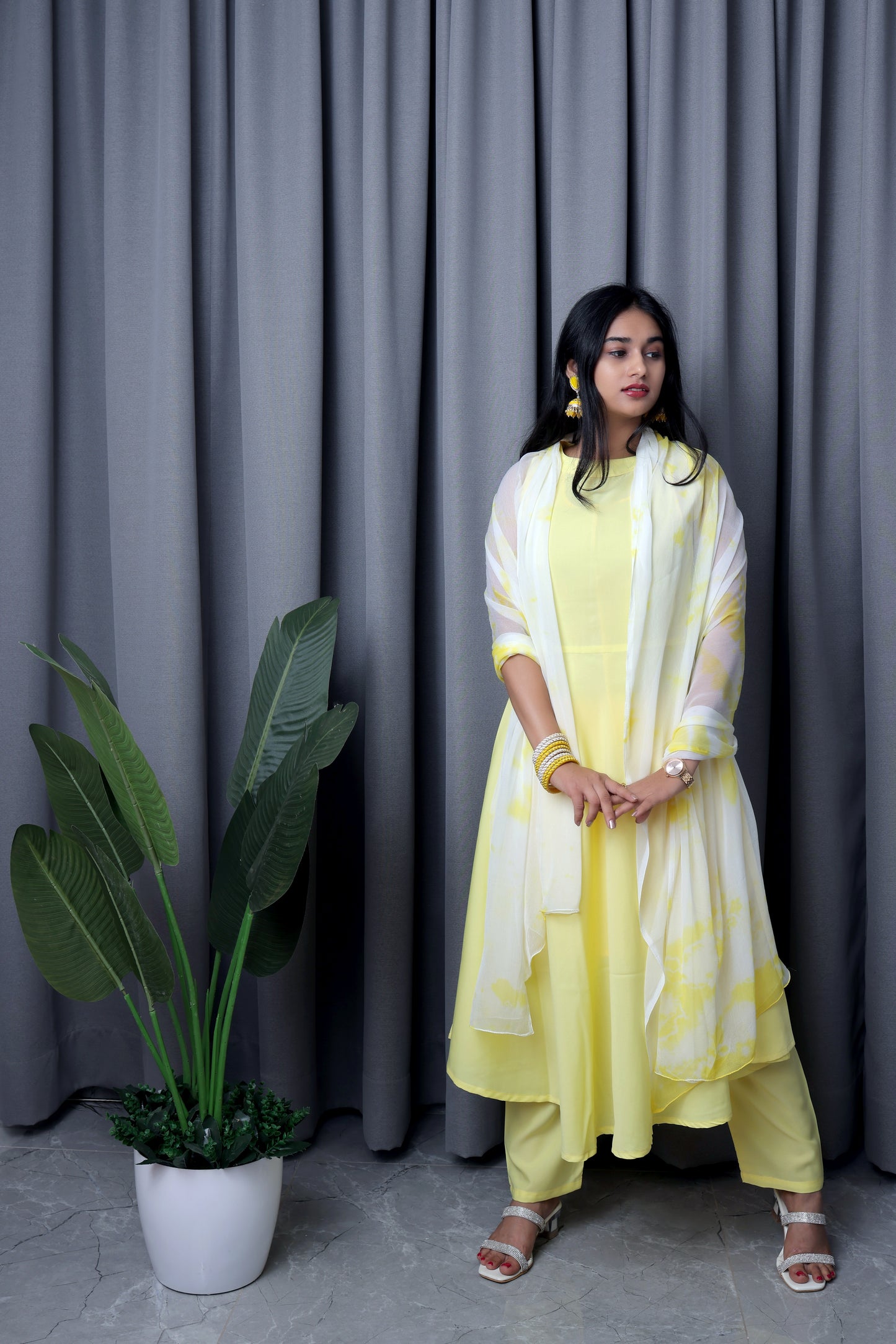 Beautiful Solid Yellow Anarkali Kurta Pant With Dupatta