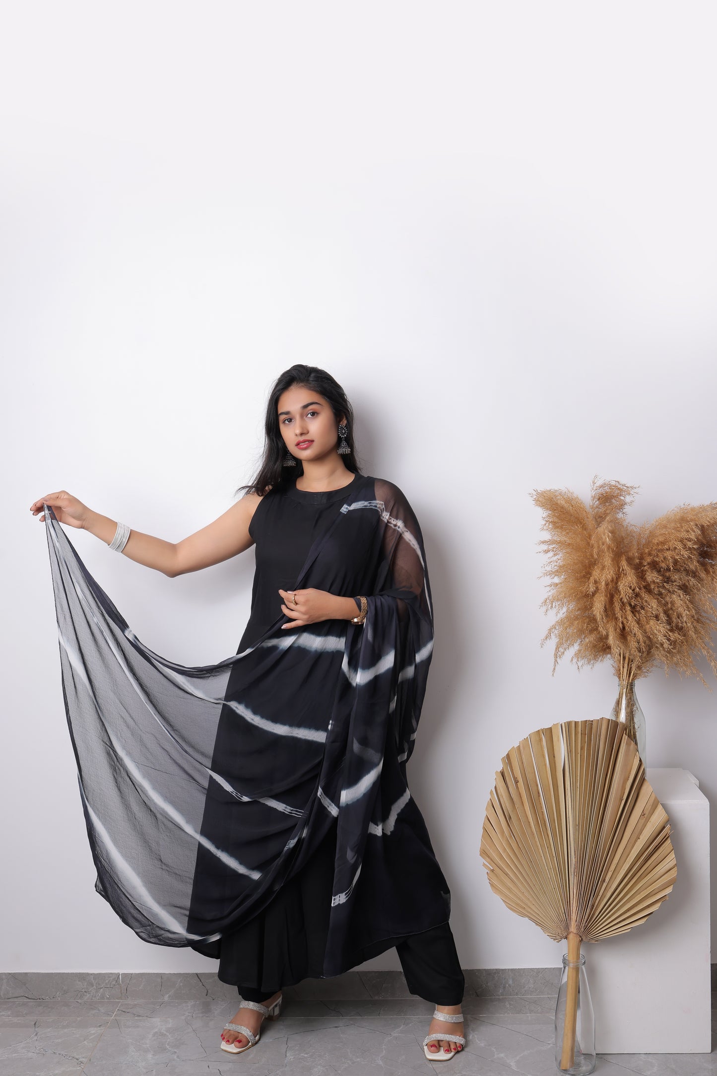 Solid black pleated Kurta Trousers with Dupatta