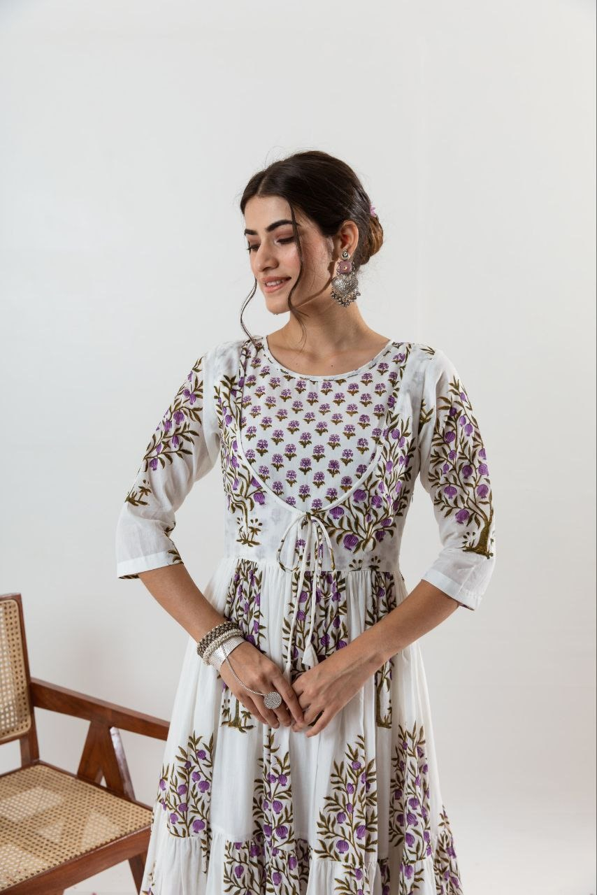 Lavender Anar Printed Gathered Kurta With With Tie Up Details With Palazzo