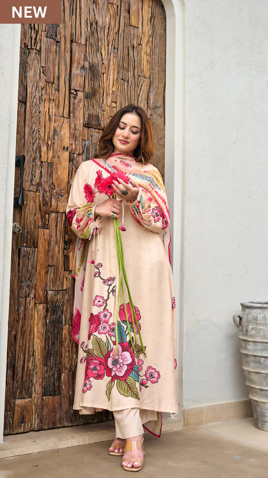 Ivory Muslin A -Line Embroidered  Suit Set