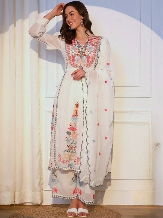 Georgette Embroidered Kurti Palazzo & Dupatta With Sequence, Mirror Hand Work & Lining