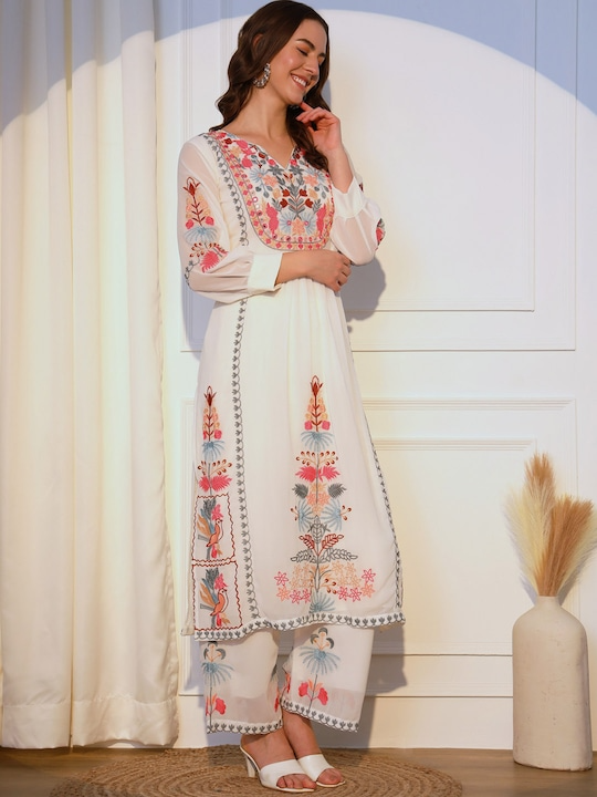 Georgette Embroidered Kurti Palazzo & Dupatta With Sequence, Mirror Hand Work & Lining