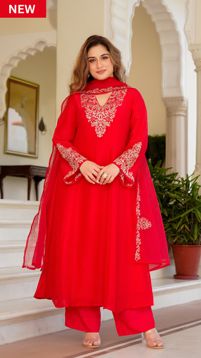 Red Zardosi & Sequeins Work Glass Organza Suit Set