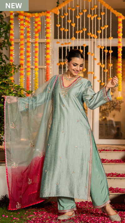 Mint Dola Silk Hand Work Suit Set