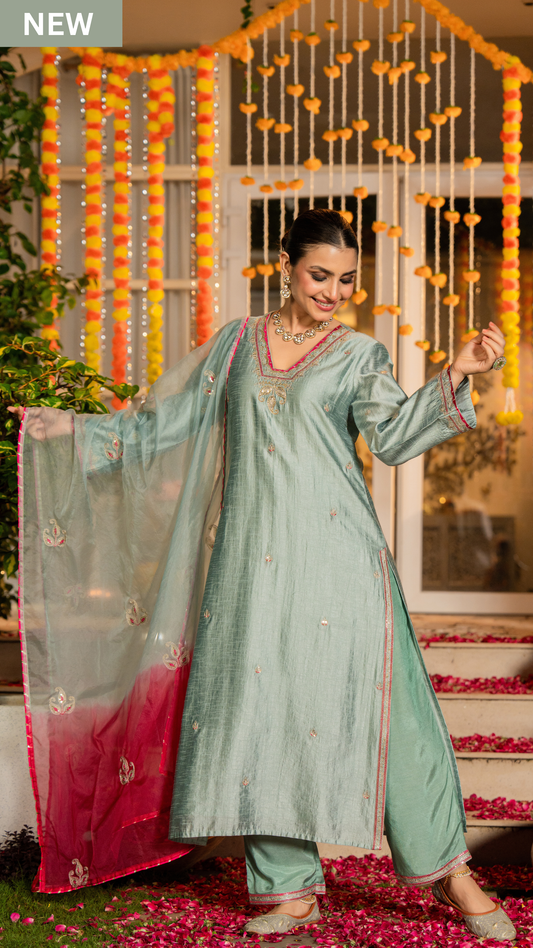 Mint Dola Silk Hand Work Suit Set