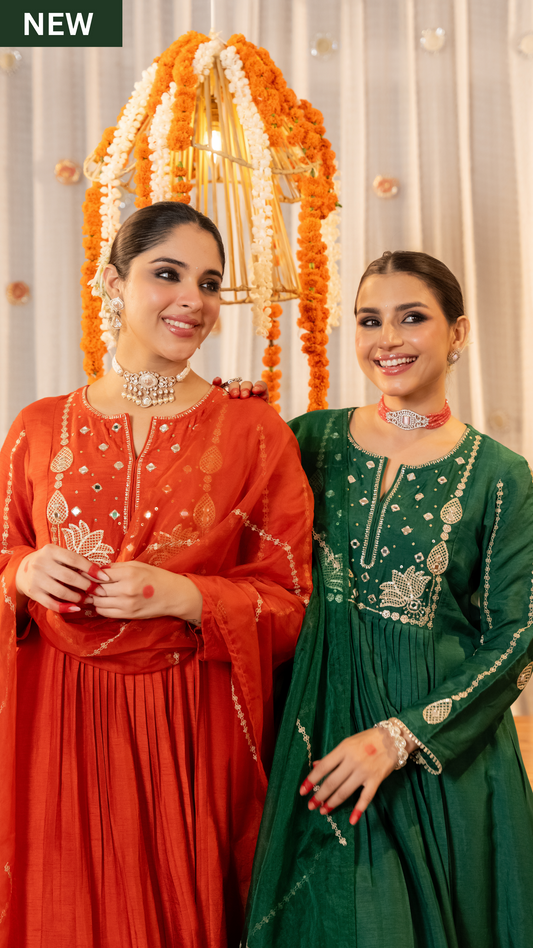 Emerald Russian Silk Embroidered Flared Suit Set