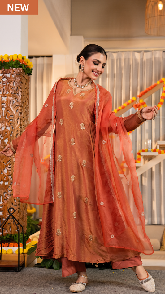 Coral Peach Gold Blue Tissue Suit Set