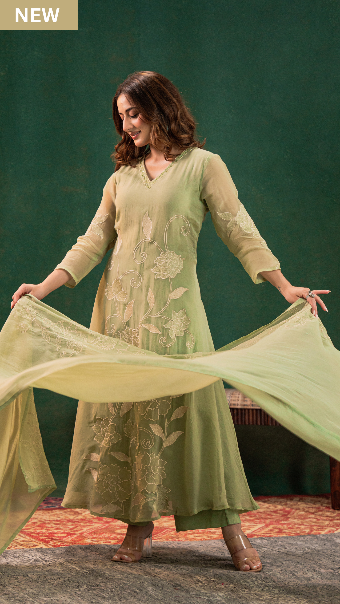 Pistachio Embroidered Silk Suit Set