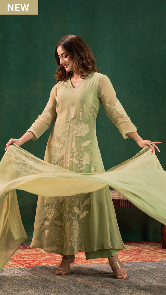 Pistachio Embroidered Silk Suit Set