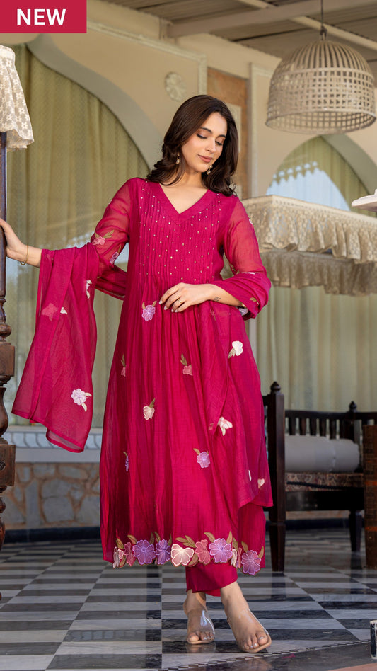 Rani Rose Chanderi Embroidered Suit Set
