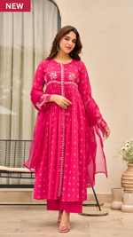Rose Cotton  Printed & Embroidered Kurta Pant With Organza Dupatta