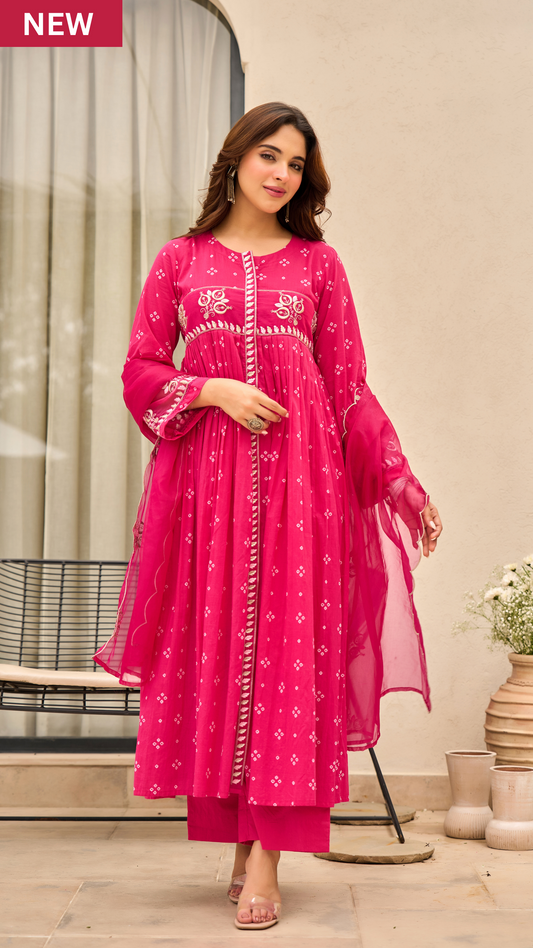 Rose Cotton  Printed & Embroidered Kurta Pant With Organza Dupatta