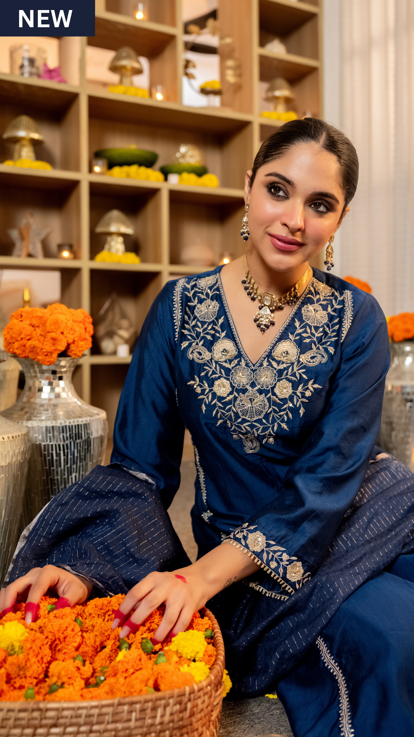 Blue Embellished Crepe Suit Set