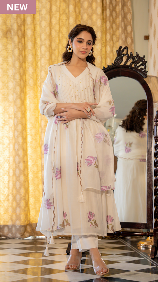 Off White Floral Mul Chanderi Suit Set