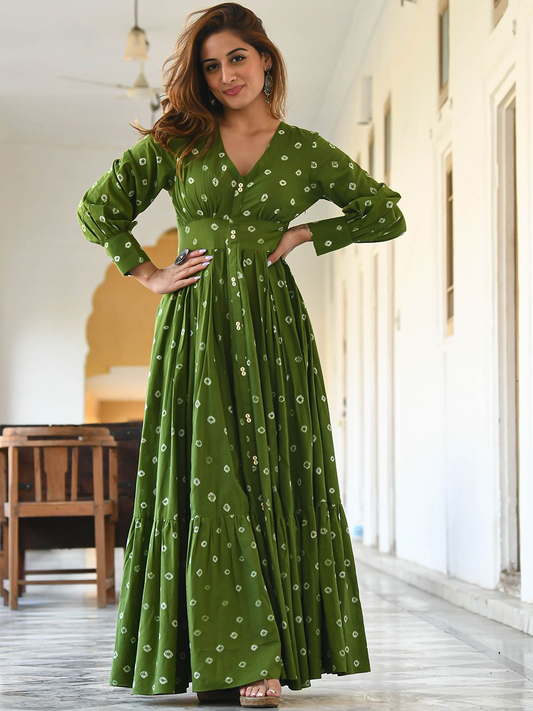 Bandhani Printed Bishop Sleeves Fit & Flare Cotton Maxi Ethnic Dress