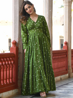 Bandhani Printed Bishop Sleeves Fit & Flare Cotton Maxi Ethnic Dress