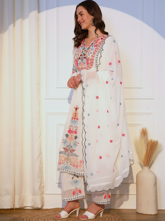 Georgette Embroidered Kurti Palazzo & Dupatta With Sequence, Mirror Hand Work & Lining