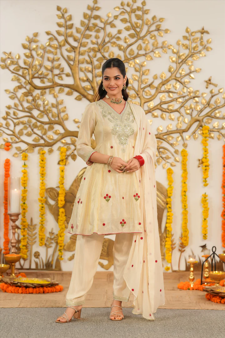 Ivory Shimmer Tissue Embroidered Anarkali Set